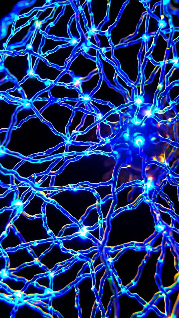 Nærbillede videooptagelse af levende blå LED-lys, der ligner neurale netværk, filmet oppefra.