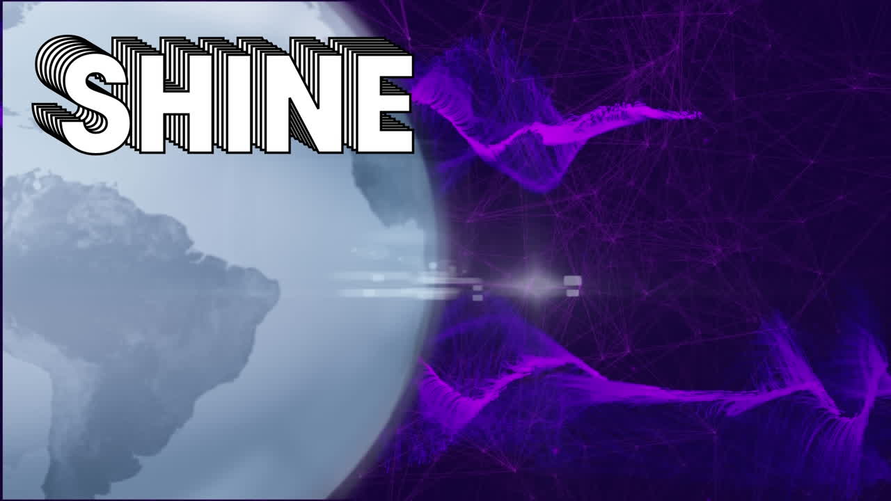 Animation of shine text and data processing over globe and purple mesh