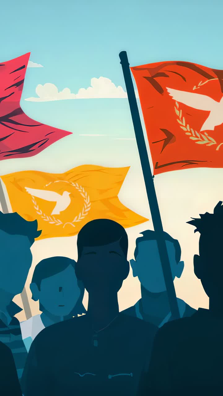 Vertical video: Standing backlit crowd in casual tees, holding poles at rally, wind rippling flags