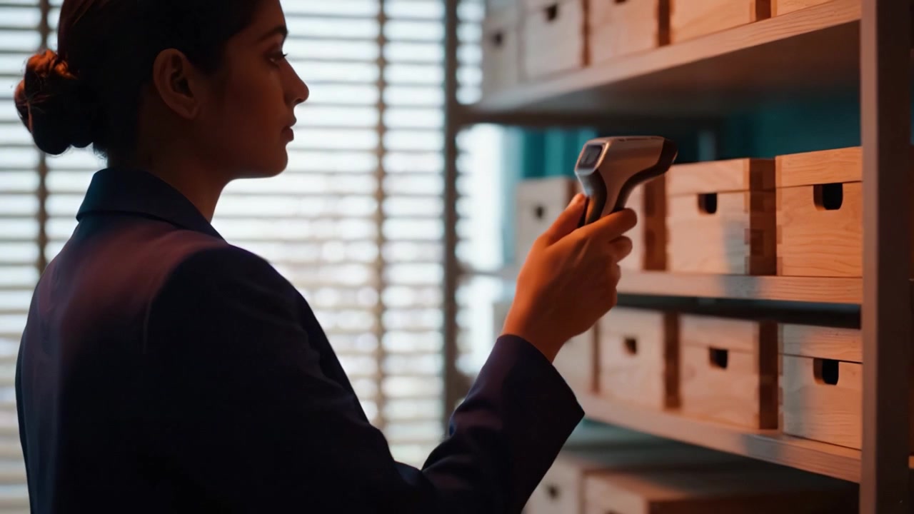 Woman in a Suit Examines Wooden Storage Boxes on Shelves in a Well-Lit Room with Blinds, Highlighting Organization and Productivity in a Professional Environment