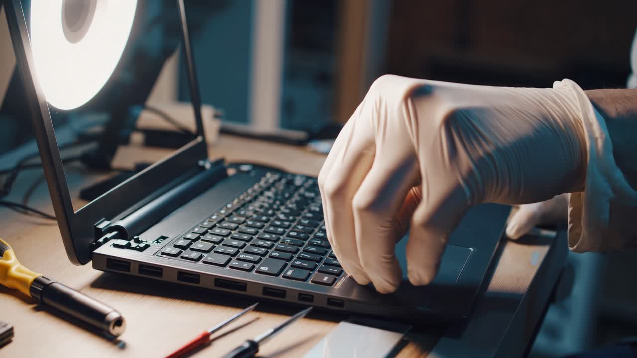 Close-up video shot of a gloved hand repairing a laptop on a wooden desk, showcasing tools