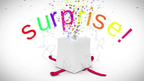 animation of rotating network over gift box opened releasing colourful surprise text and confetti