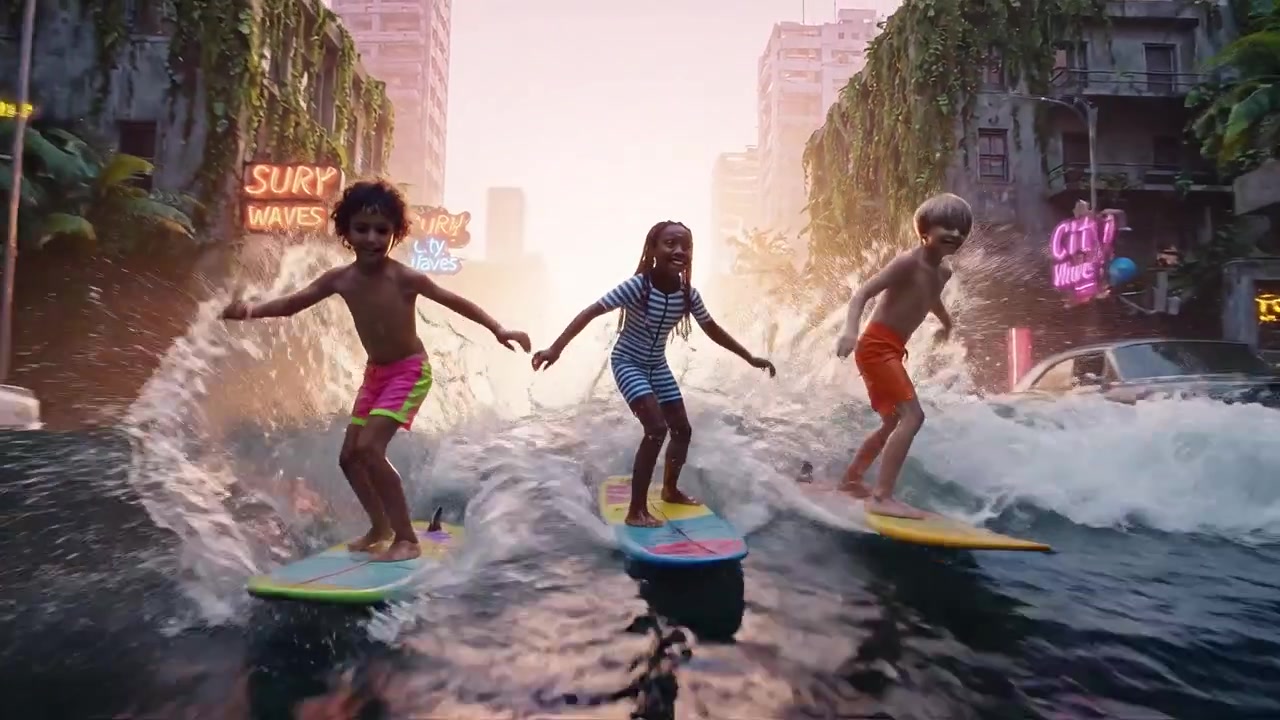 Adventurous Surfers Riding Waves in a Drenched Urban Landscape Surrounded by Sunshine, Flourishing Vegetation, and Retro Cars Through a Fantastical City Scene