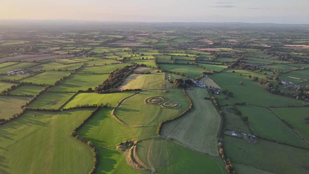 Spectacular panoramic of Hill of Tara, ancient monument and Irish green landscape. Drone