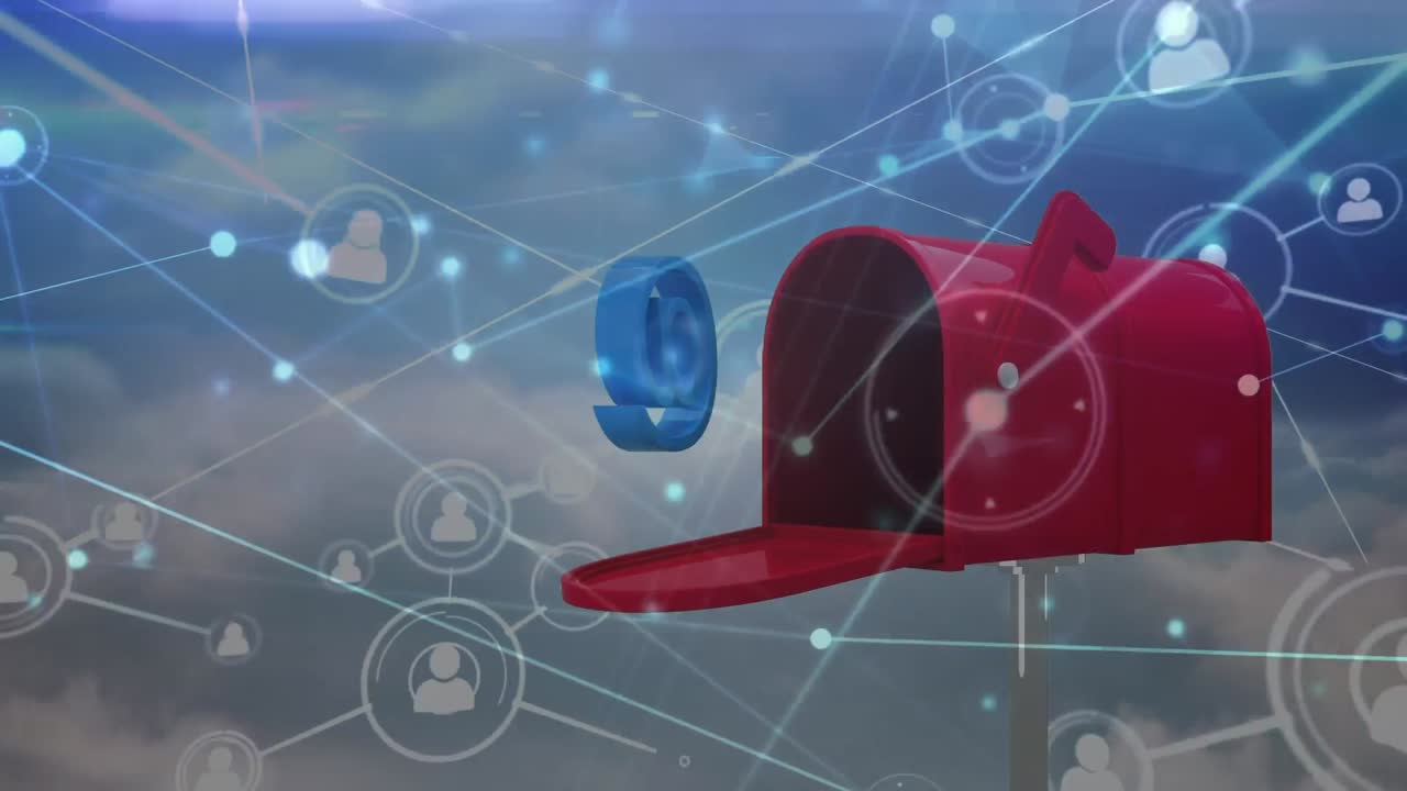 구름 위의 아이콘과 메일박스로 연결된 네트워크의 애니메이션