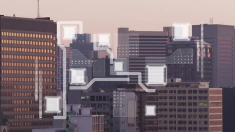 animación de la red de conexiones sobre el paisaje urbano