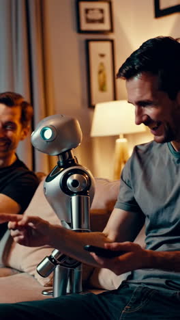 man interacting with a robot at home