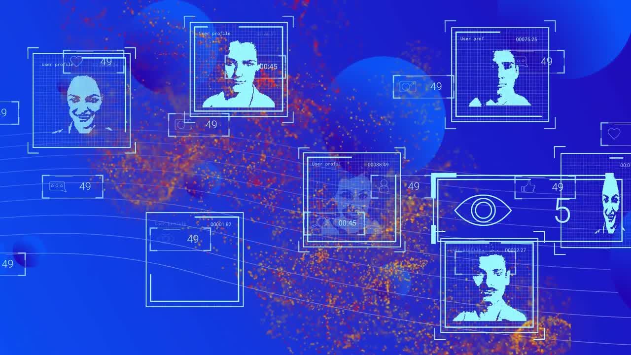 Animation of data processing with diverse people over shapes on blue background