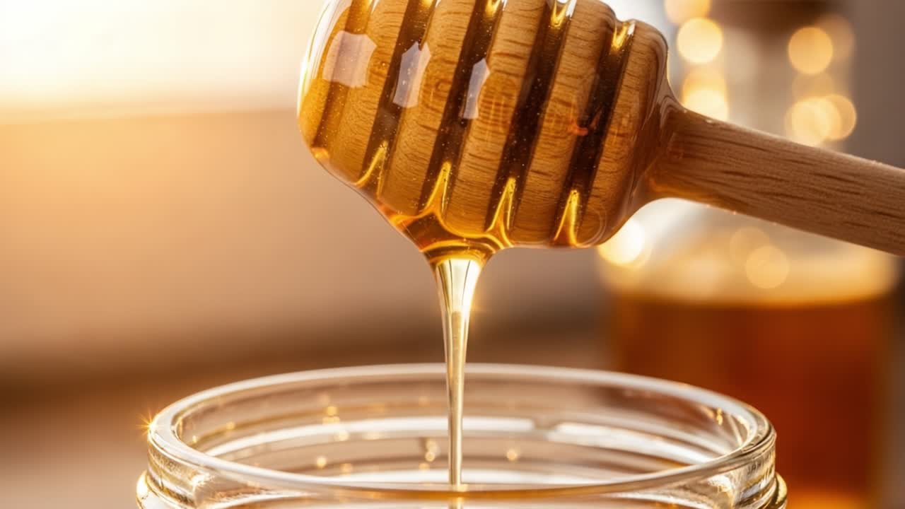 A close-up view capturing the golden honey dripping from a wooden dipper into a glass jar, highlighting the natural sweetness and texture of the honey