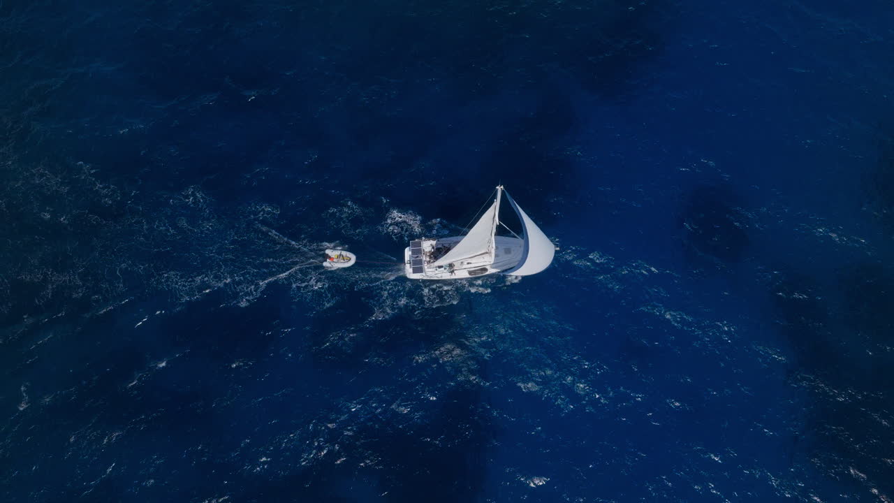 Sailboat gliding over deep blue ocean with a small motorboat following closely behind