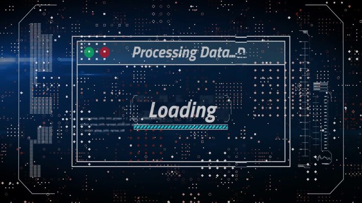 Animation of digital data processing over screen on dark background