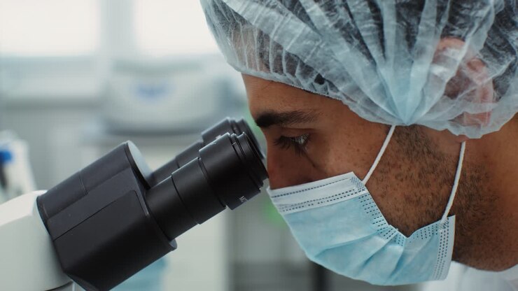 Scientist Looking Through Microscope in Laboratory