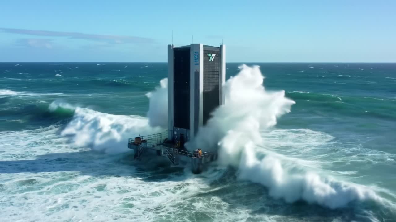 An advanced ocean research platform is captured amid towering waves in the open sea. The structure showcases resilience against nature's forces, highlighting marine exploration's importance.