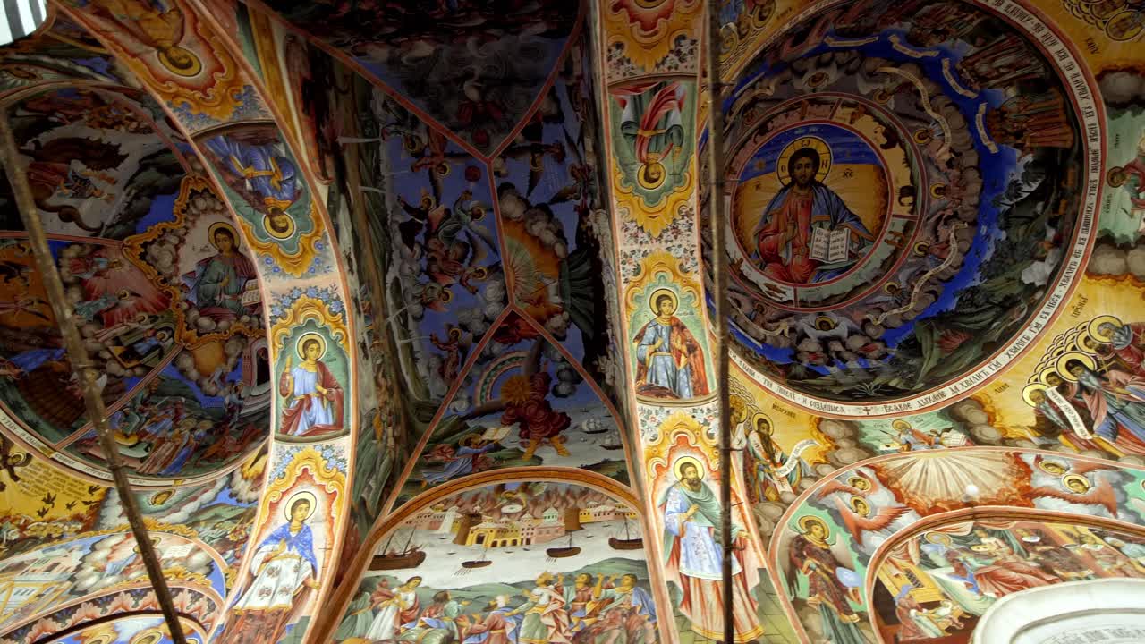 Bulgaria, Rila Monastery Interior view of a chapel ceiling, showcasing detailed frescoes and ornate decorations, highlighting historic religious art and intricate craftsmanship