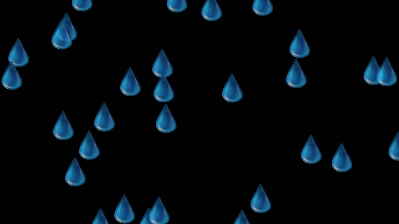 Blue raindrops cascade against a black backdrop, creating a rhythmic and calming visual effect with smooth transitions