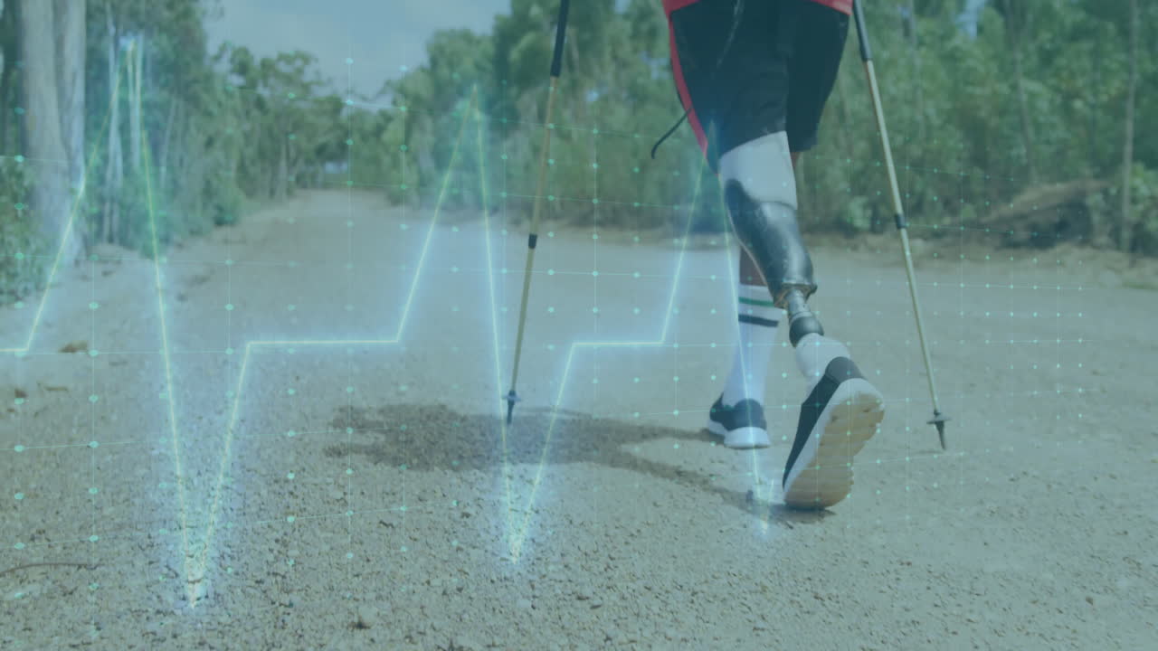 Prosthetic leg user walking on path with heartbeat animation overlay