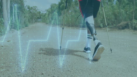 prosthetic leg user walking on path with heartbeat animation overlay
