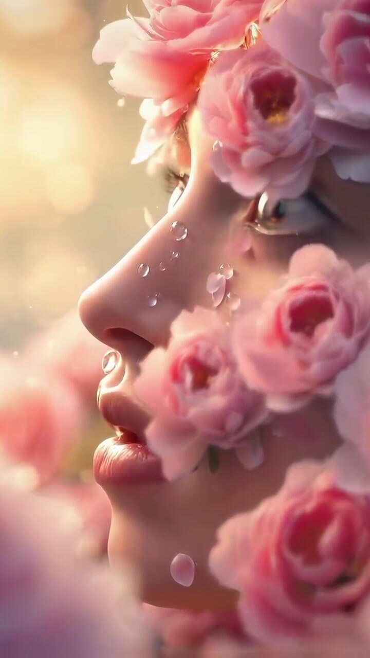 Primo piano del viso di una donna con rose rosa e goccioline d'acqua