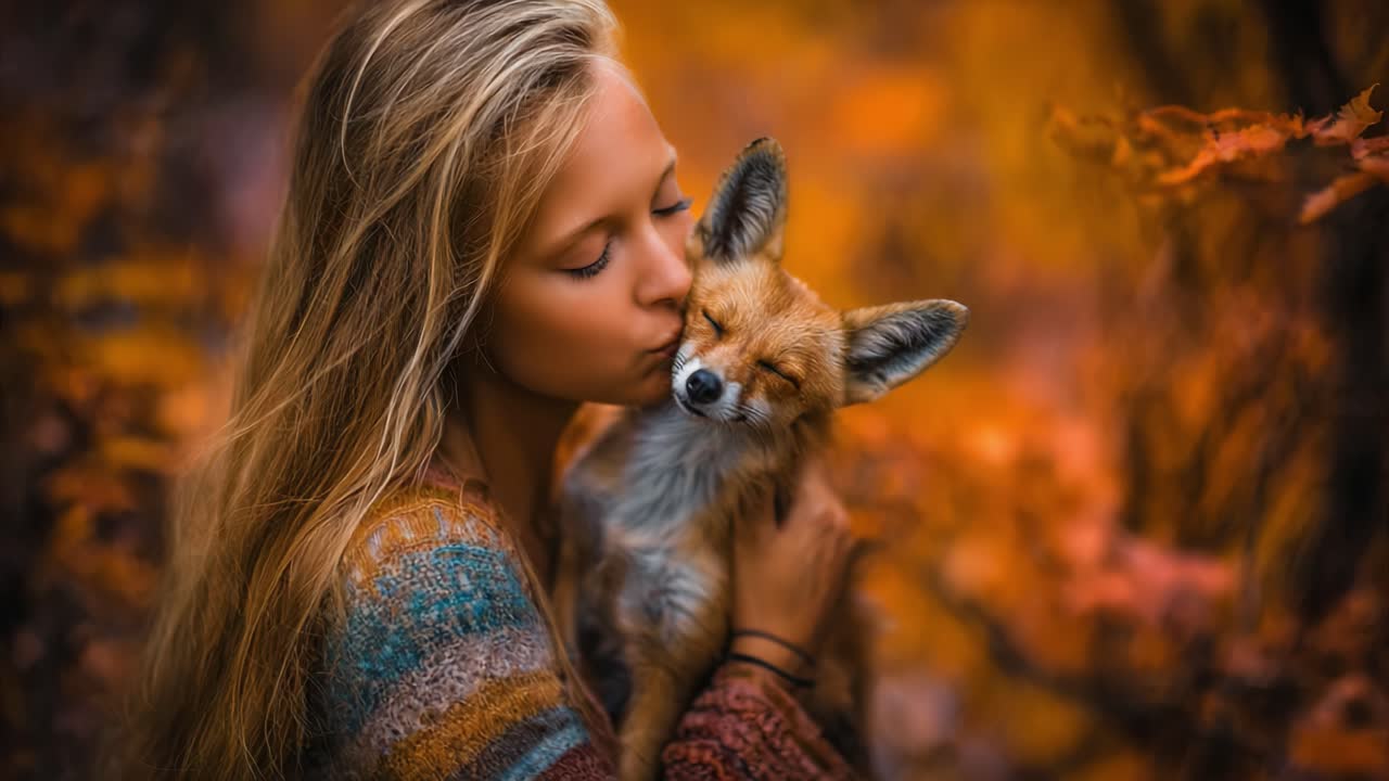 A Heartwarming Moment: A Young Woman Shares a Tender Kiss with a Fox, Surrounded by Vibrant Autumn Colors and Serenity in Nature's Embrace