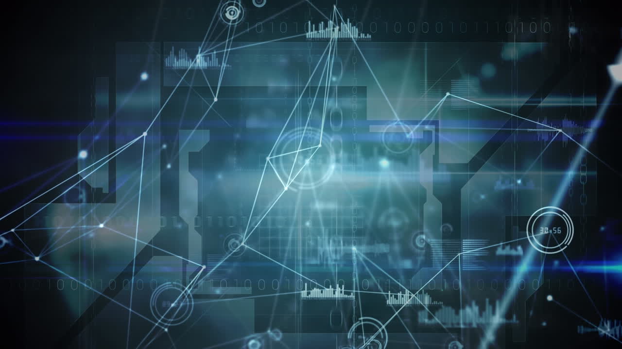 Digital animation of network of connections against data processing on black background