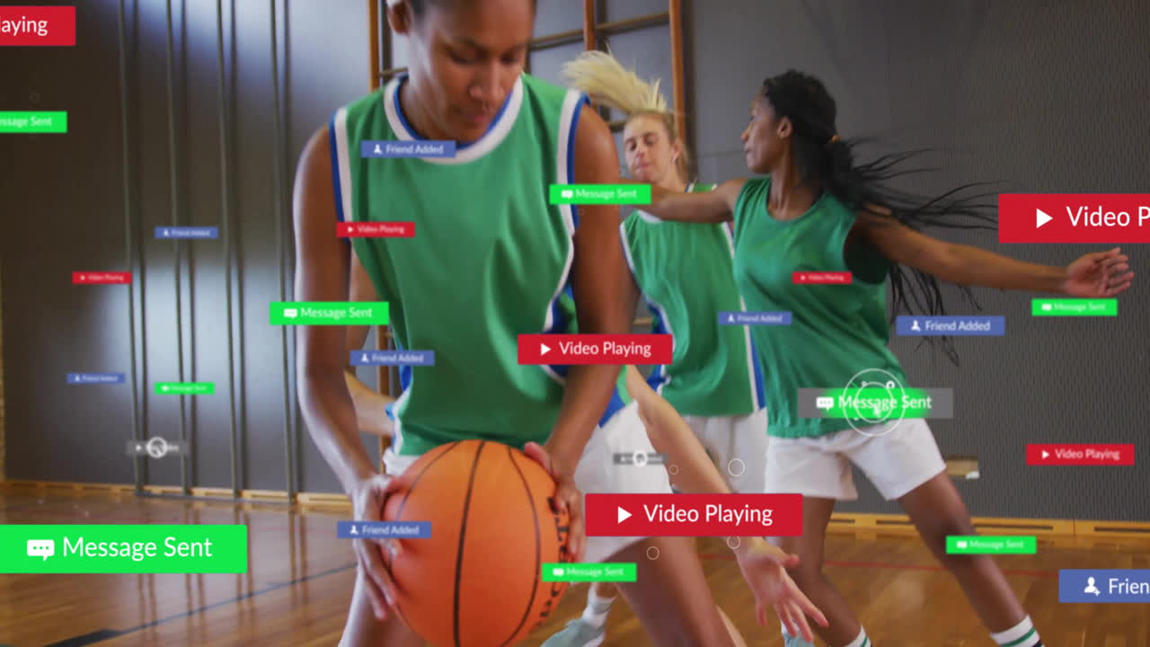 Women dribbling basketball on court, showing floating digital notifications with technology theme