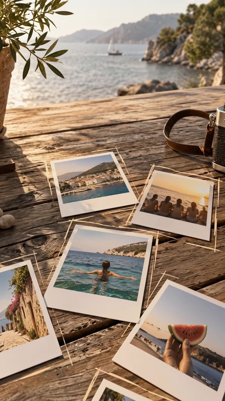 Sunlit photo prints rest across rustic timber near the shoreline, revealing ocean scenery, a swimmer, drinks, and coastal snapshots while distant rocky hills rise beyond the water.