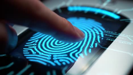 a close-up look at the fingerprint scanning process highlighting modern technology and finger detection with high-contrast blue patterns against a dark background