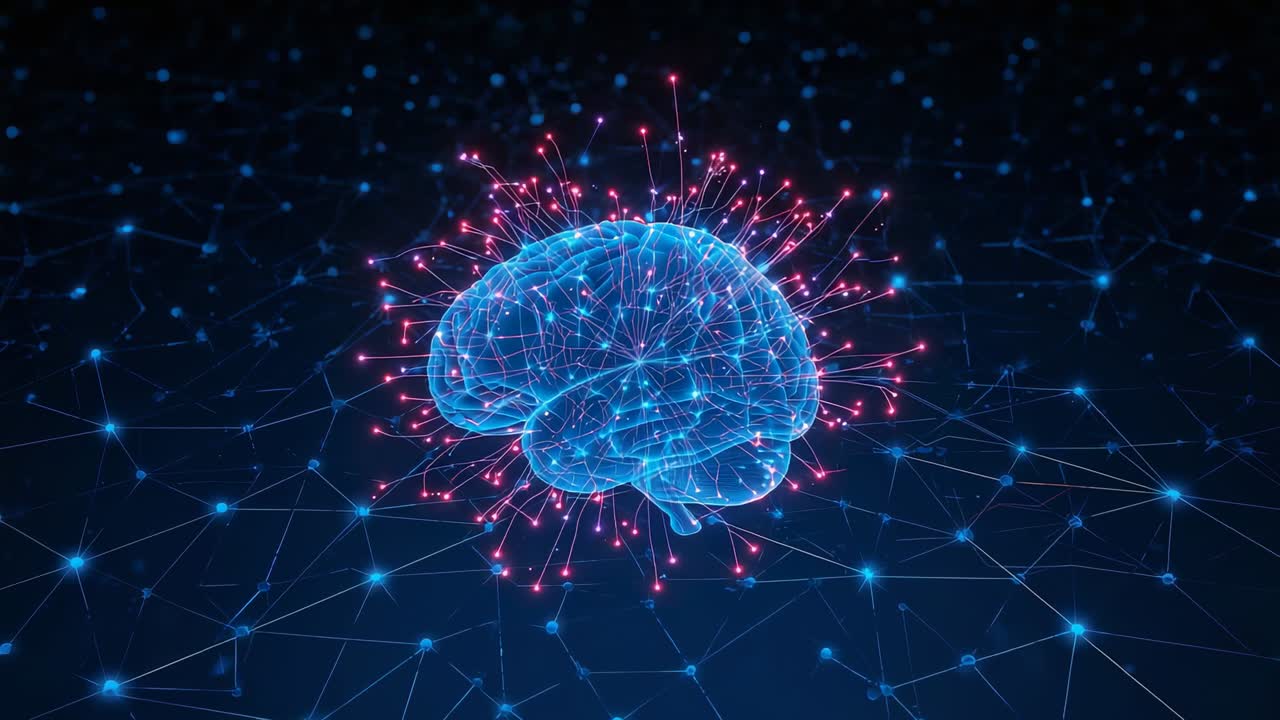 Brightening internal lines in blue 3D brain mesh sending pink sparks above dark grid lighting nodes