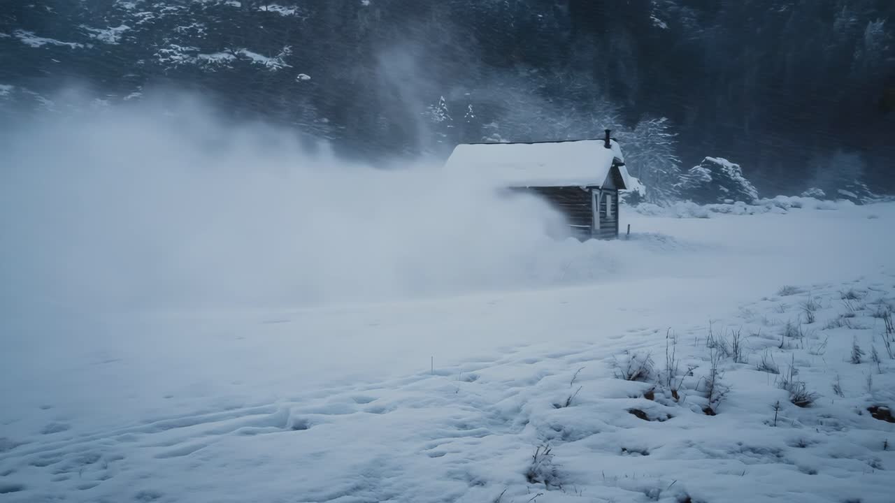 Cabin in a winter snowstorm