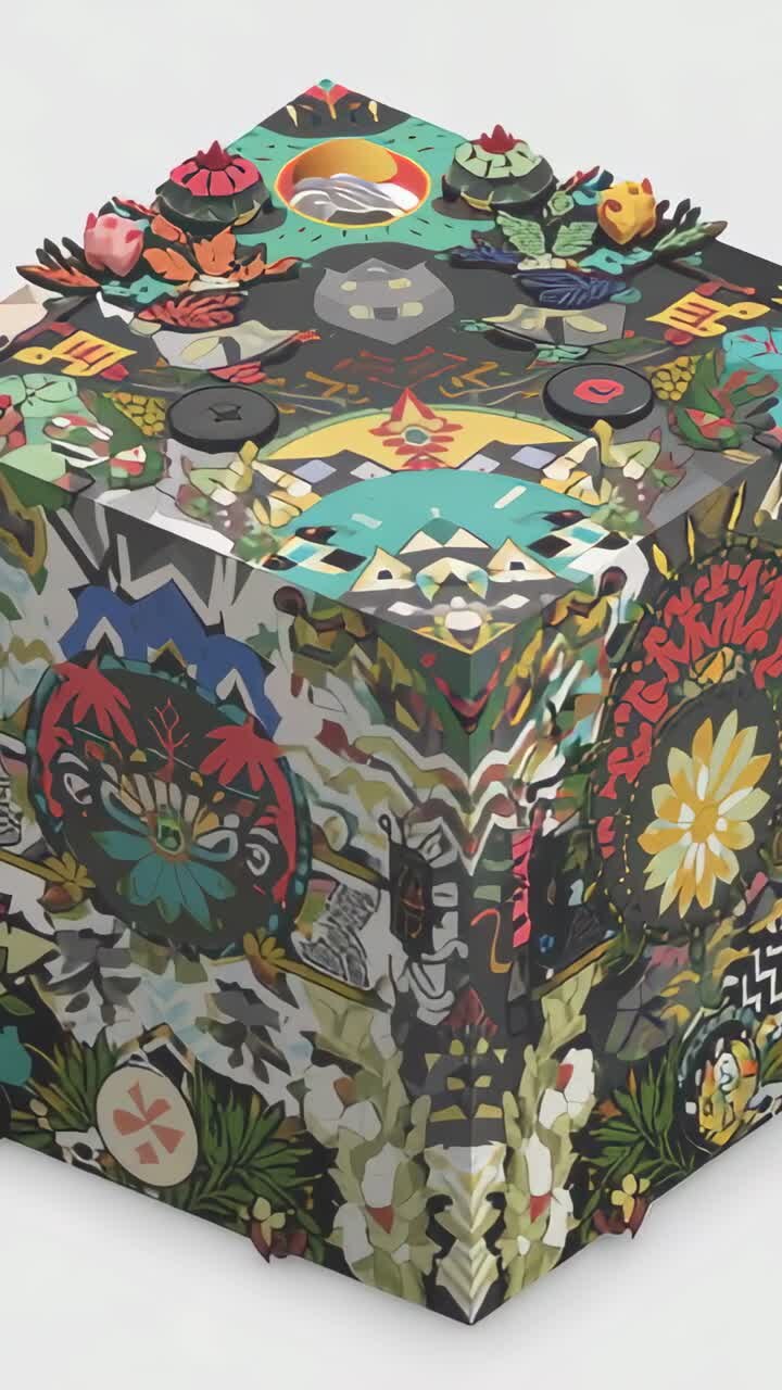 Video verticale: camera con panoramica che rivela un cubo di arte popolare su un set bianco, che mostra elementi floreali e bottoni in rendering in 3D