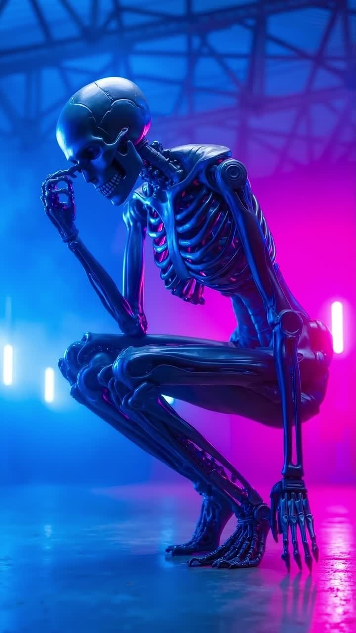 Robot scheletro umano meccanico accovacciato in una stanza buia con illuminazione neon blu