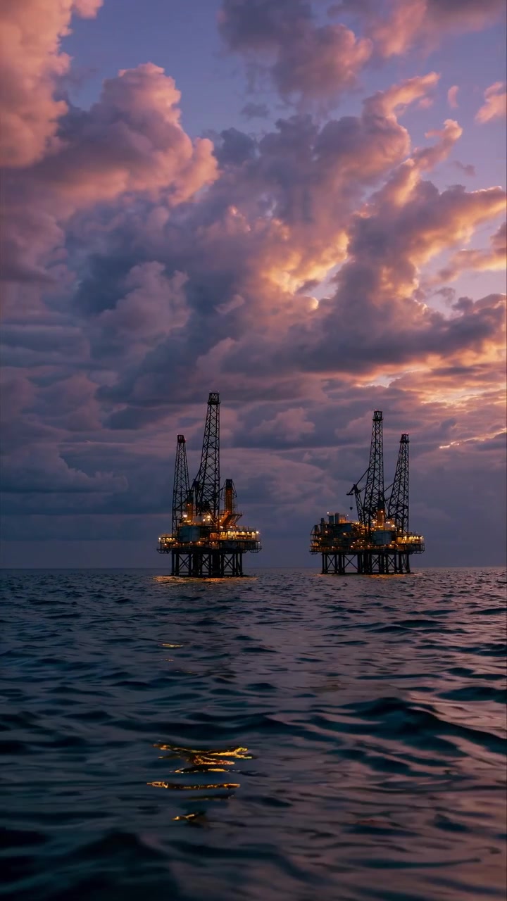 Offshore olieplatforme ved solnedgang med dramatiske skyer