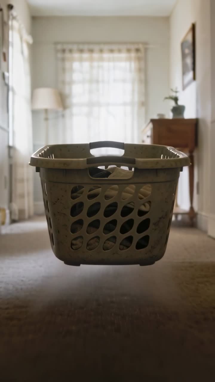 Video verticale: Cesto di plastica sospeso che si muove in avanti nel corridoio di casa, con gli indumenti che si spostano.