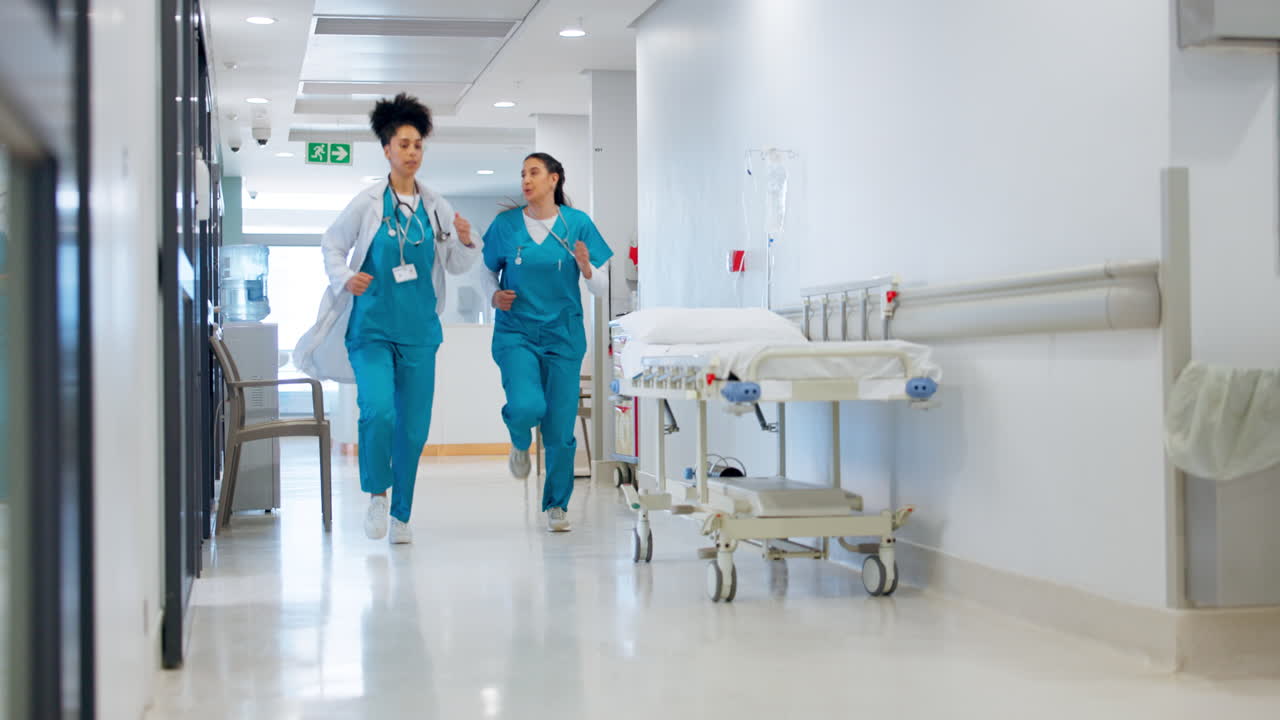 Woman, doctor and running in hallway emergency