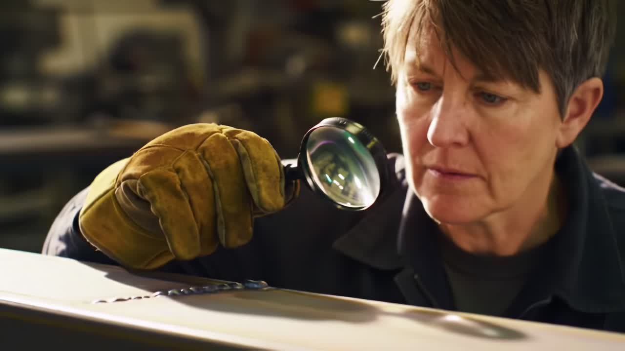 Woman inspecting metalwork with magnifying glass