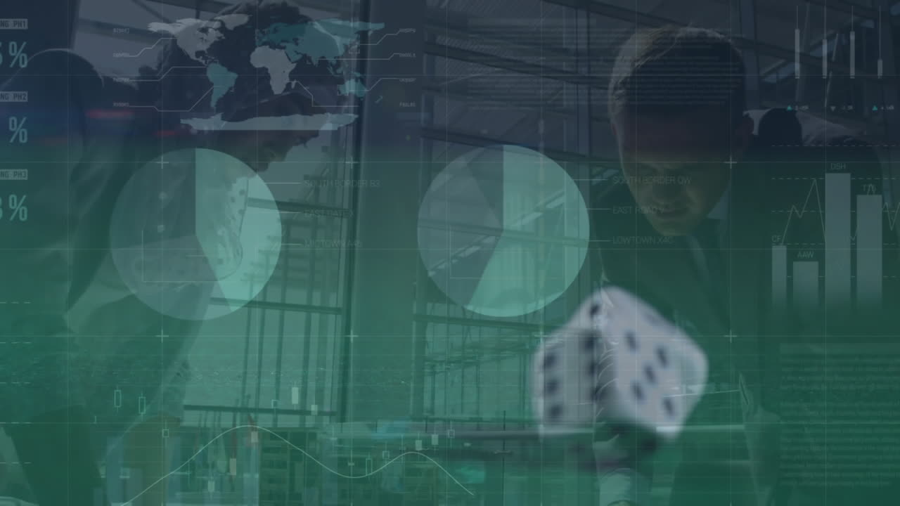 Animation of data processing and diverse business people over dices