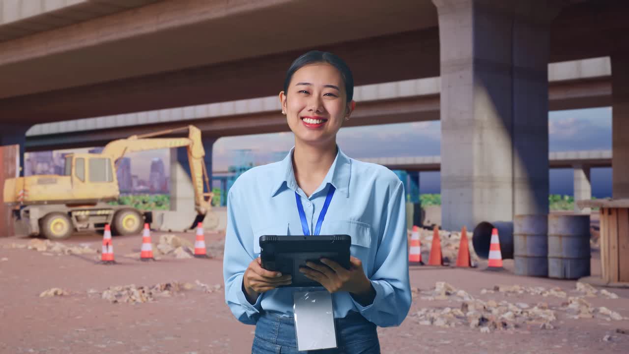 Wanita Asia Memegang Tablet di Lokasi Konstruksi Jalan Raya, Dia Menatap Kamera Sambil Tersenyum