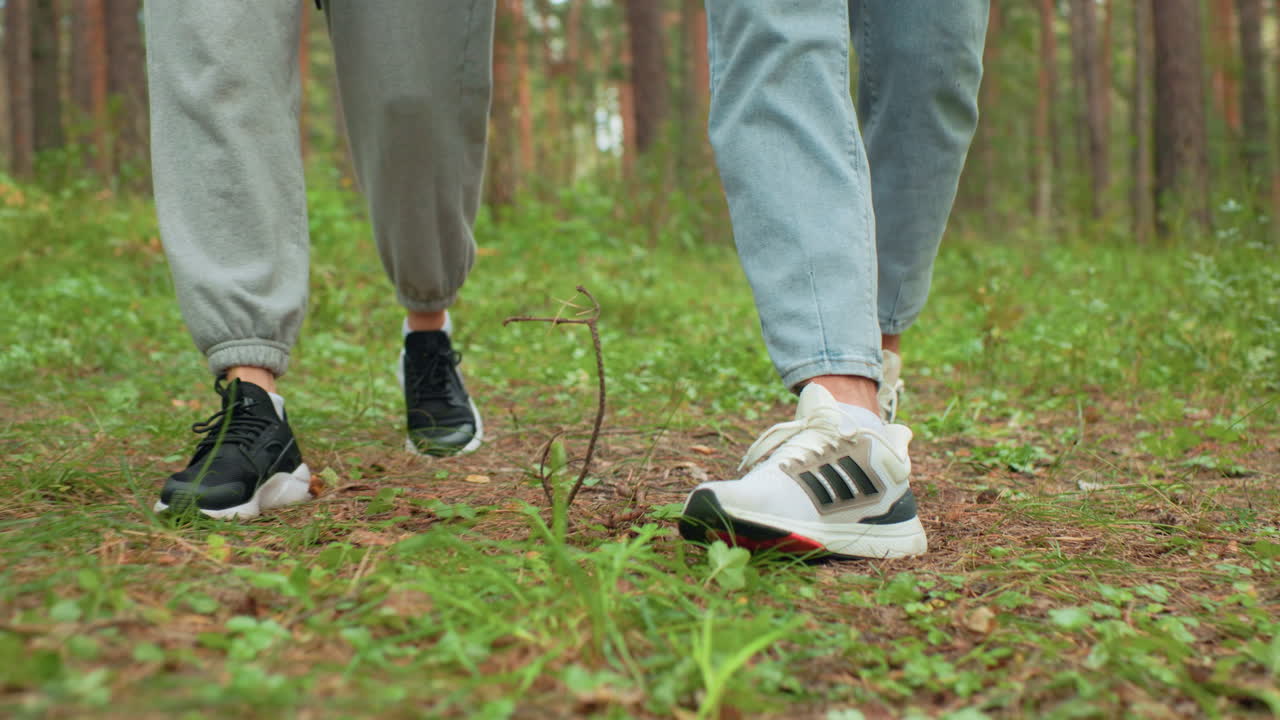 Lower angle view of two people walking through dense forest wearing casual sneakers and relaxed pants, stepping carefully on leafy terrain surrounded by greenery and tall trees