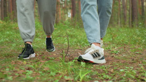 lower angle view of two people walking through dense forest wearing casual sneakers and relaxed pants, stepping carefully on leafy terrain surrounded by greenery and tall trees