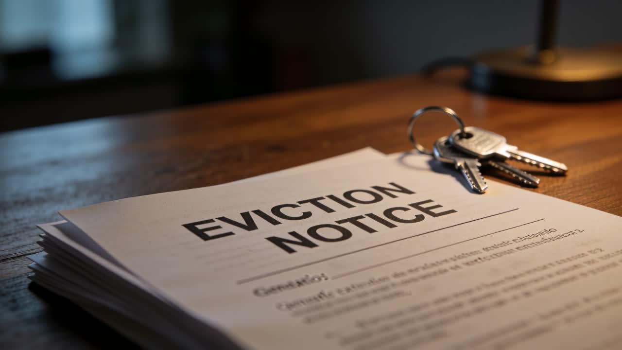 Moving camera closing in on eviction notice and keys on table under lamp, showing eviction urgency