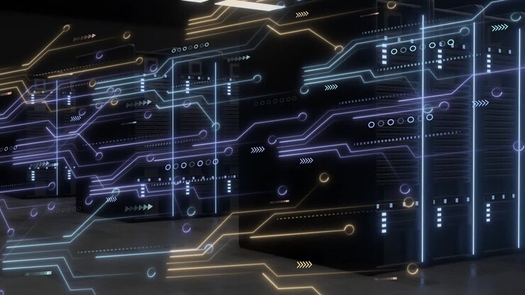Animation of glowing circuit lines overlaying data patterns in server room