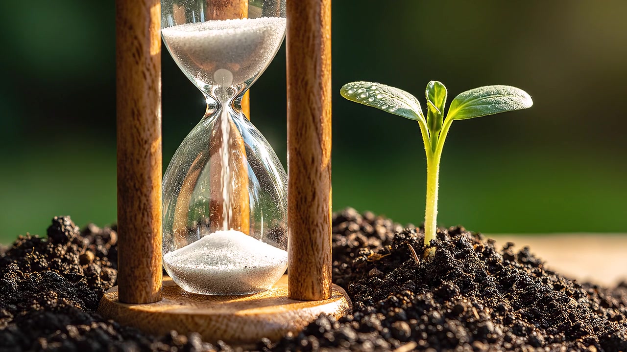 Hourglass and green seedling in soil symbolizing growth and time