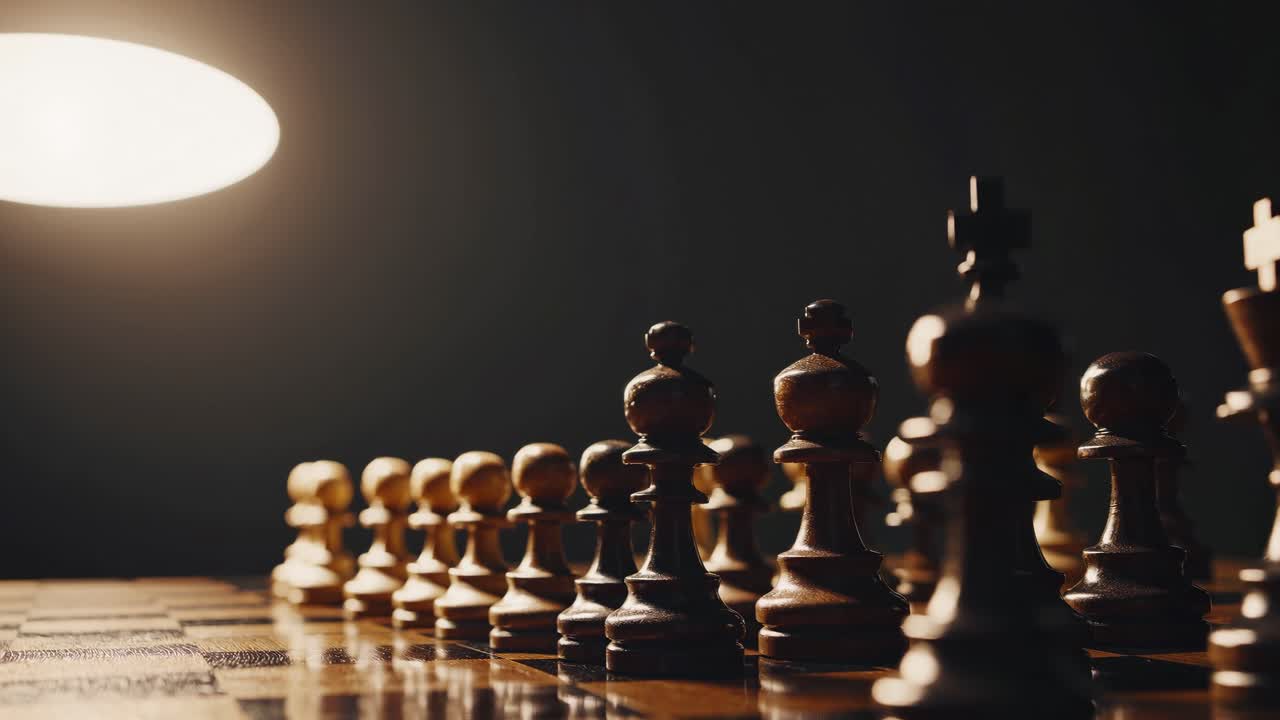 Dramatic video of a chessboard from a low angle, emphasizing the pawns under a spotlight