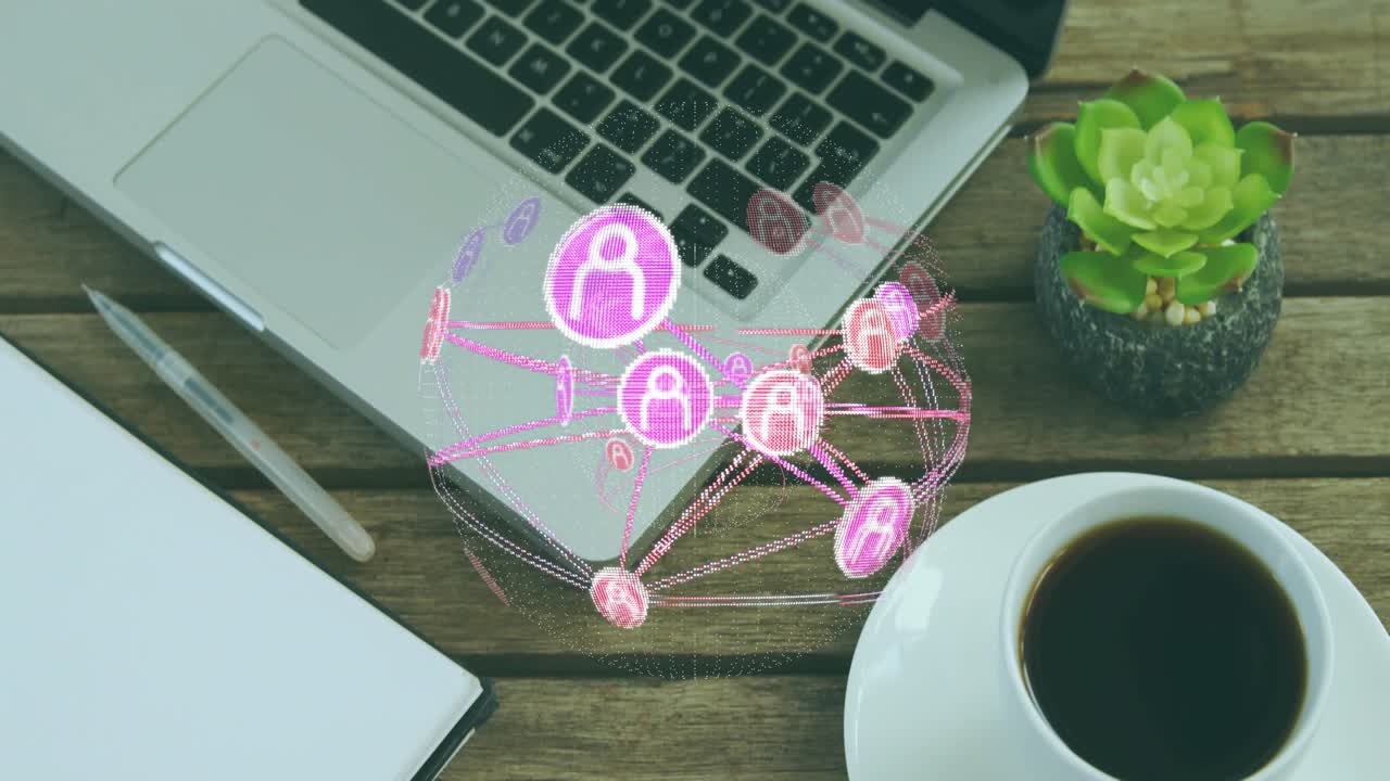 Holographic network appearing on tabletop while spinning around cup visualizing connectivity