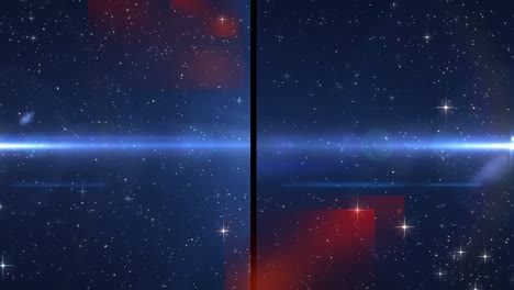 Animation-of-split-screen-showing-blue-spotlight-and-light-trail,-with-glowing-particles,-on-black