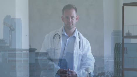 animation of caucasian male doctor and data processing over cityscape