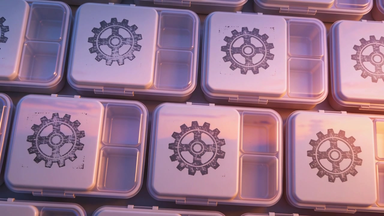 Drifting cam and shifting light showing plastic trays stamped gear emblems at pack line for packing