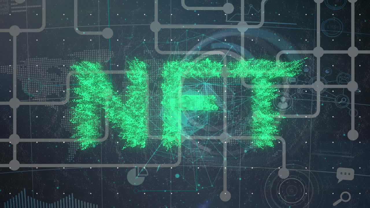animación del texto nft y la red de conexiones contra el escáner redondo y el mapa del mundo