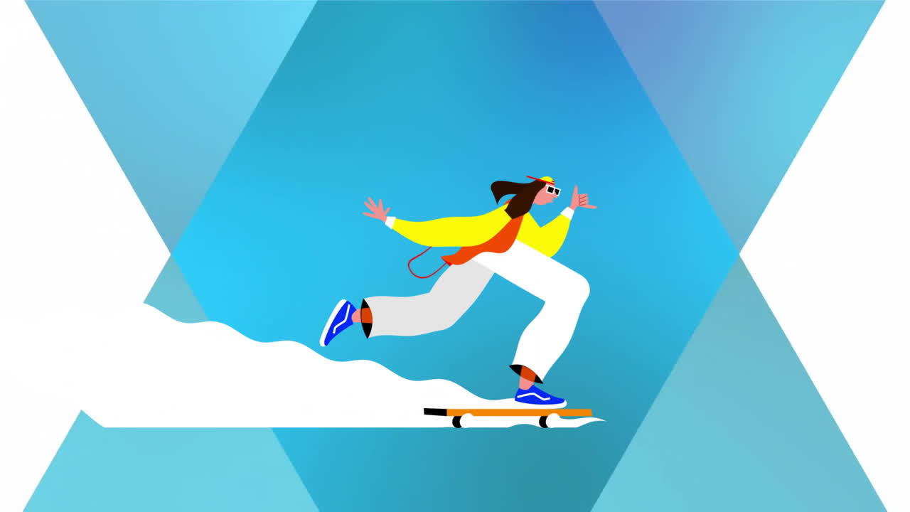 animación de un hombre en patineta sobre un fondo blanco y azul