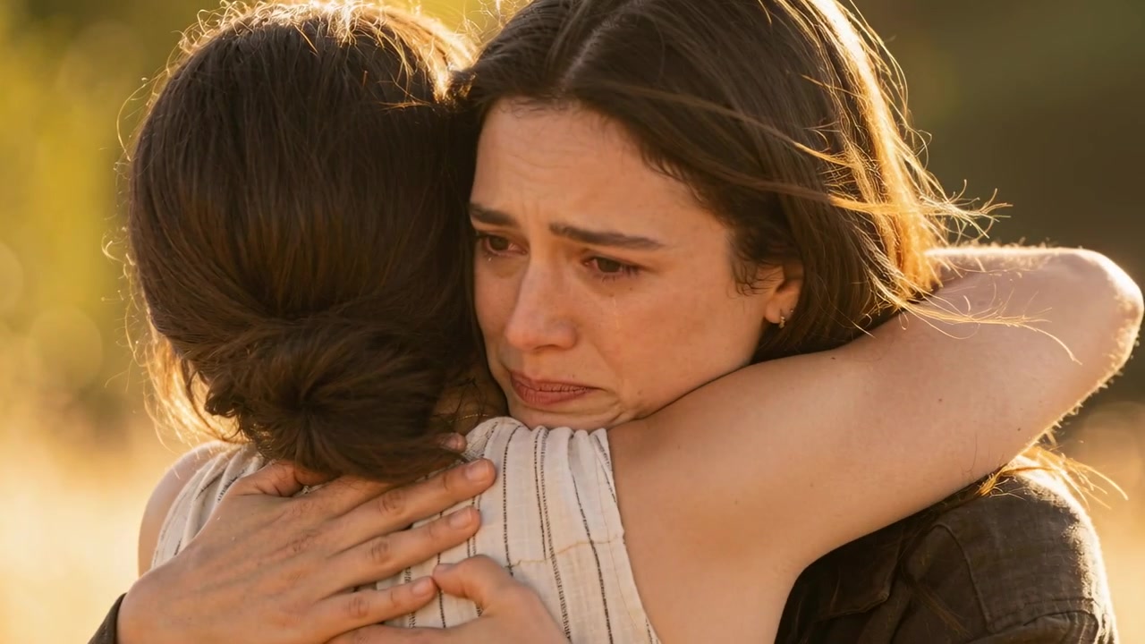 Un'amica abbraccia e consola una donna in lacrime in un campo, indossando una giacca e un top a righe.